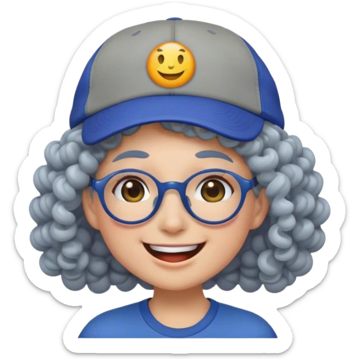 a female, yellow faced emoji, simple style, big smile, winking, blue ball cap on backwards, cartoon, curly grey hair, no eye color, glasses sticker
