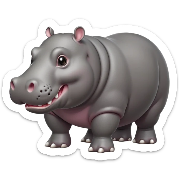 cinematic-hippo-realistic-full-body-side-view-standing-on-all-fours-emoji,-massive-round-frame,-wide-mouthed-grin-exposing-huge-teeth,-head-tilted-dramatically,-thick-grey-hide-glossy, big eues sticker