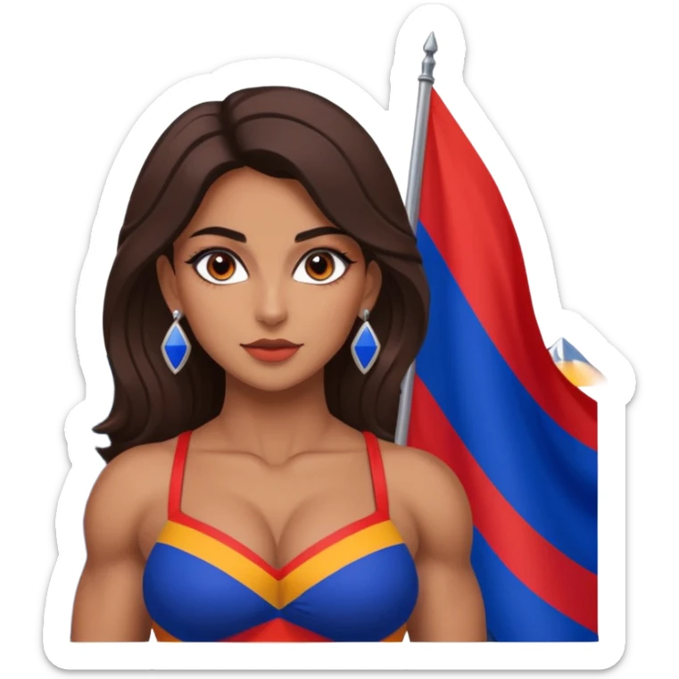 sexy and muscled, full body, brown skin Armenian caucasian girl, sexy girl, beautiful eyes, makeup, earrings, muscled, surrounded by mountains, Flag of Armenia sticker