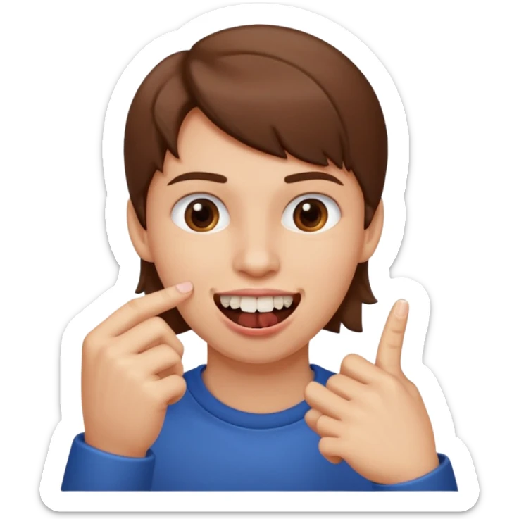 Con una sonrisa en la cara mientras muerde la punta del dedo indice en la boca son sus dientes sticker