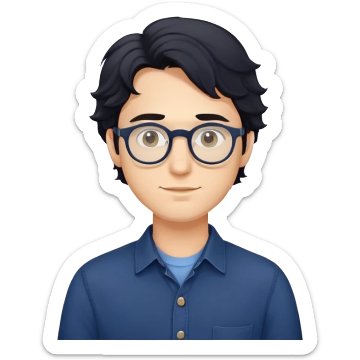 Upper body only of young caucasian man with longer wavy black hair, round glasses, wearing comfortable dark blue buttoned shirt sticker