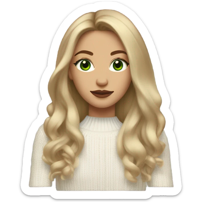 light medium skin, high cheekbone, solo dark blonde girl with green eyes, medium bust, white sweater, long blow out hair, baddie, middle part, sultry sticker