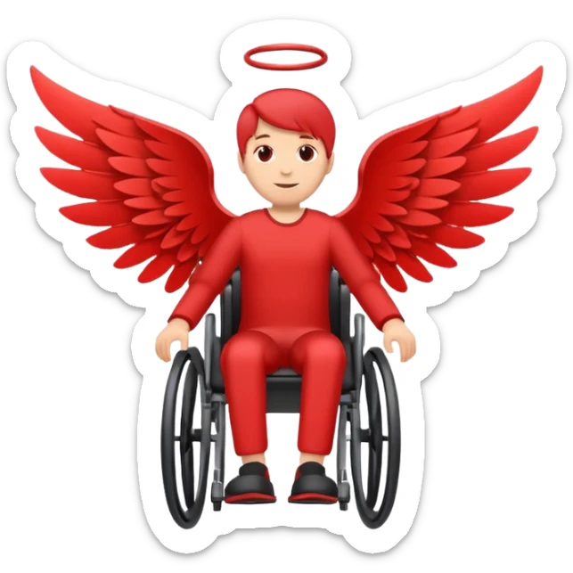 "A simple, red icon of a person in a wheelchair with stylized wings on their back, modern logo design, emoji style, white background" sticker