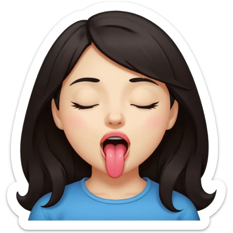 A girl with dark hair, closing her eyes and her mouth wide open while sticking her tongue out sticker