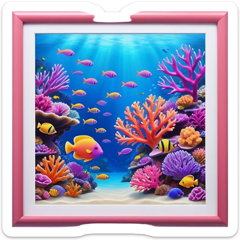 Cinematic Realistic Coral Reef Emoji in a wooden frame, Vibrant and alive, with colorful corals in hues of pink, purple, and orange, swaying gently with the underwater currents. Schools of tropical fish dart between the coral, with soft rays of sunlight piercing through the clear blue water above, creating a magical, serene underwater world. Soft glowing outline, capturing the essence of the bustling, colorful, and peaceful aquatic paradise. sticker