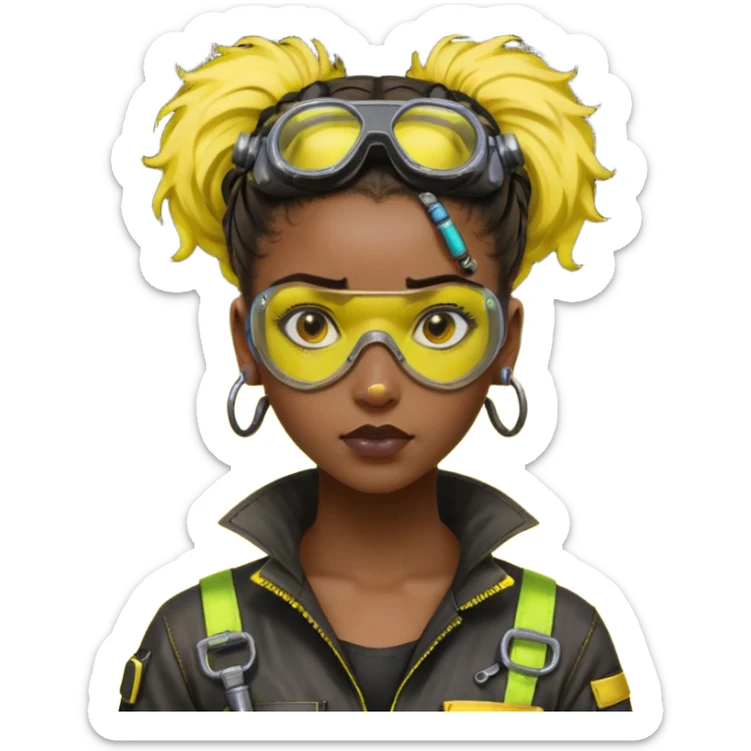 Cyberpunk black female mechanic, yellow tech goggles on forehead, messy hair bun, ear piercings, tool collar, grease smudge on cheek, focused expression, neon yellow lighting sticker