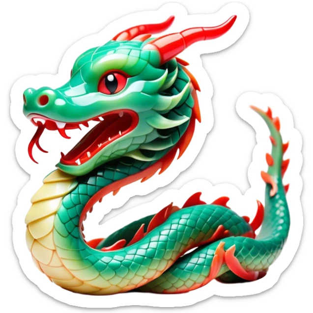 Cinematic Cute Chinese Serpent Dragon Portrait Emoji, Head tilted playfully and inquisitively, showcasing a slender, flowing body with vibrant jade scales and soft vermilion accents intertwined with whimsical wisps of cloud and water details; rendered with realistic finesse and warm natural light, high shine, charming and spirited, styled with a touch of mythic whimsy, soft glowing outline, capturing the essence of a mischievous yet endearing celestial dragon poised to weave magic into your dreams! sticker