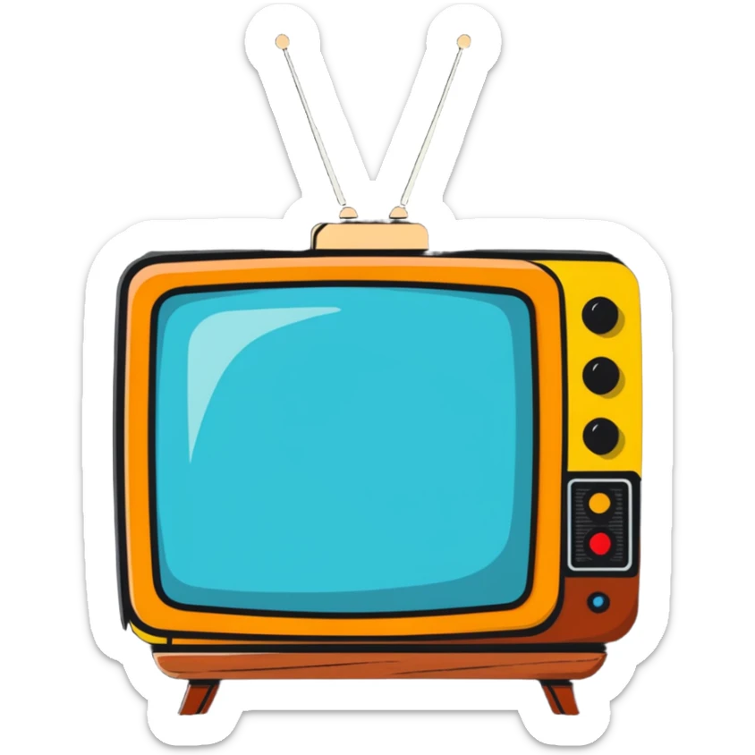 Retro TV set from the 1970s with antenna and wooden frame sticker