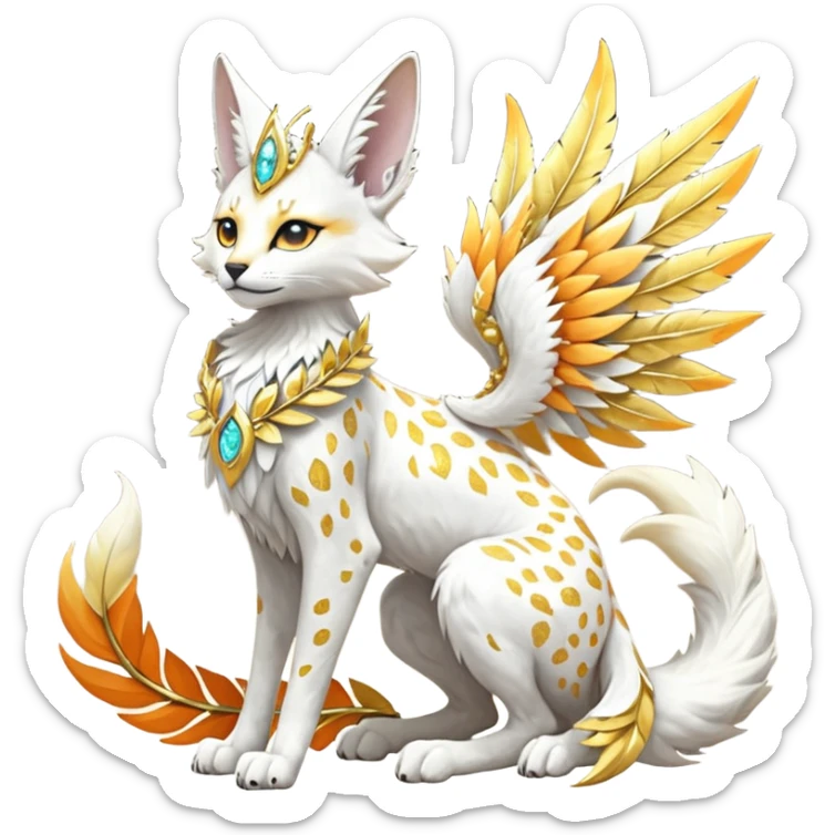 Epic complex fantasy glorious detailed futuristic divine godly angelic feathery sunny, white, albino, pastel, golden, orange glowing sparkly, realistic Fakémon-Sprigatito-Floragato-Meowscarada-Trico-Sergal-Serval-Solgaleo-Vernid-creature (full body) solarpunk, shiny sparkly with a gold laurel sticker