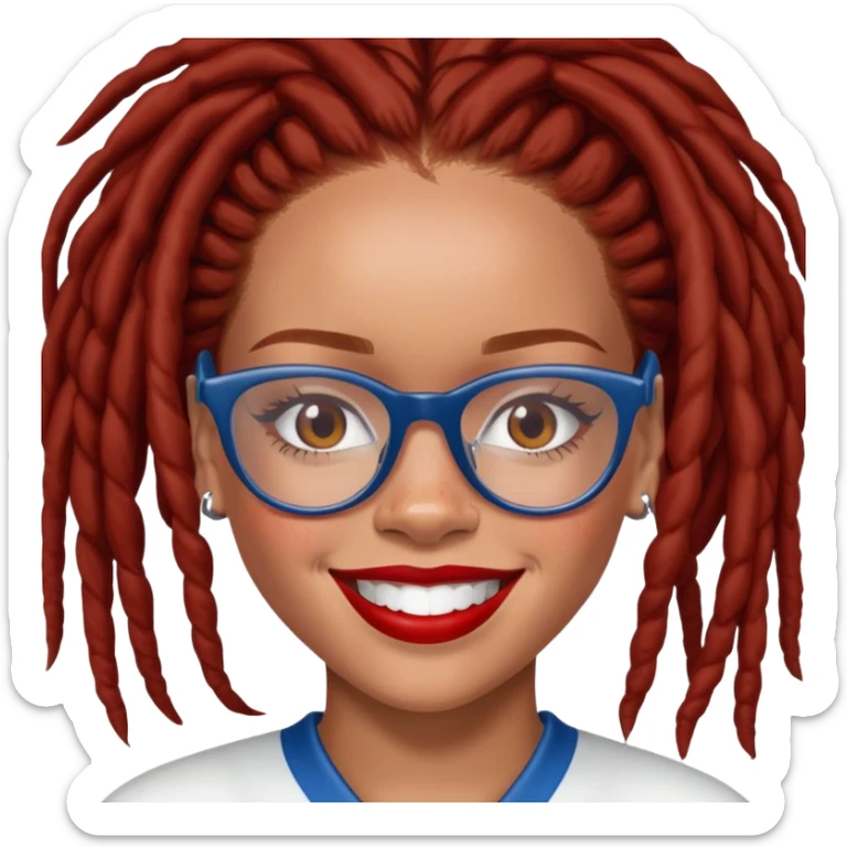 Rihanna with freckles and soccer mom brown dreadlocks island red and white jersey and cateye eyeglasses big smile sticker
