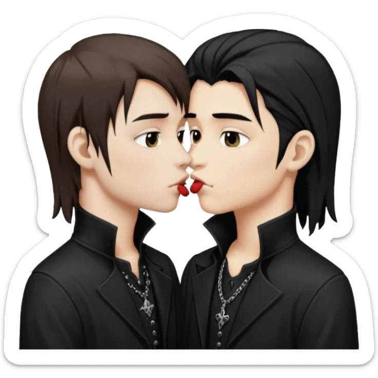Goth Boys, one goth boy pale with brown hair the other a goth boy tan with long black hair, kissing sticker
