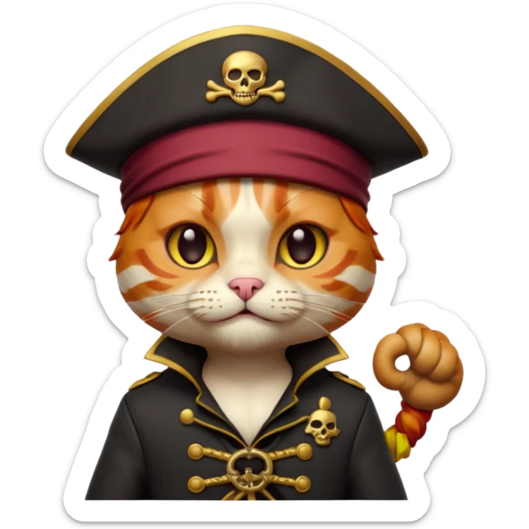 Premium 3D emoji icon of a cute ginger cat pirate, wearing a **burgundy red** pirate hat with a gold skull icon, and a black and gold captain's jacket. Glossy finish, claymorphism style, soft studio lighting, isolated on white background, 8k resolution, stylized professional look --v 6.0 sticker