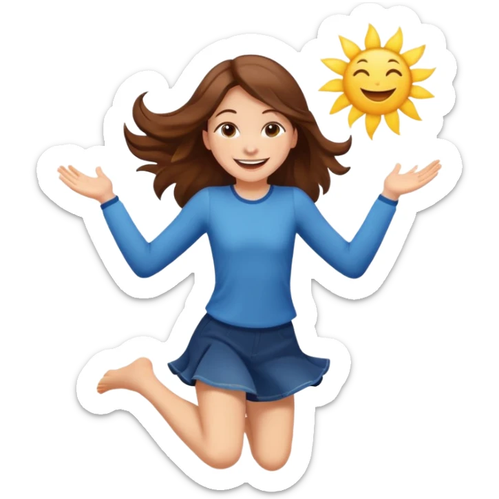 Girl with long brown hair happy jumping in the air with sunbeams in the background  sticker