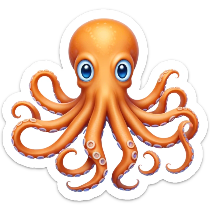 Cinematic Noble Octopus Portrait Emoji, Poised and enchanting, with a light orange body adorned with vibrant blue rings and eight delightfully curling arms with gentle suckers, large sparkling eyes exuding warmth and playfulness, Simplified yet charmingly expressive features, highly detailed, glowing with a soft, magical underwater radiance, high shine, intelligent and irresistibly cute, stylized with an air of whimsical marine enchantment, focused and fluid, soft glowing outline, capturing the essence of a watchful and endearing octopus that appears ready to float out of the screen with delightful charm! sticker