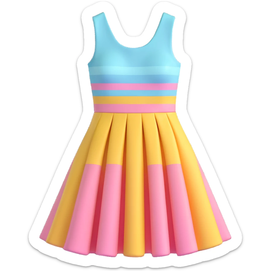 cute 3D cartoon emoji of a sleeveless dress with horizontal pastel stripes, flared skirt, minimal flat shape, isolated on transparent background, soft lighting sticker