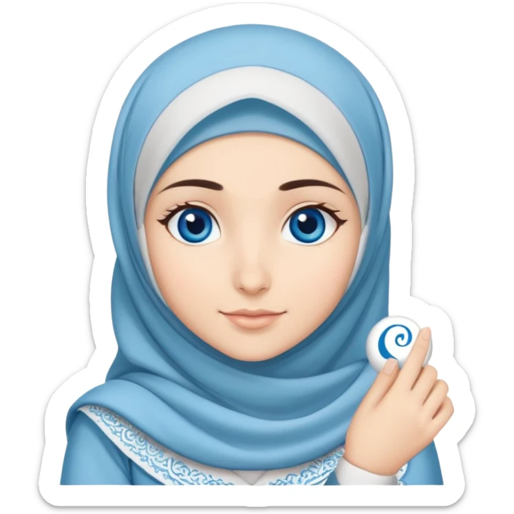 Turkish beautiful finish Konya girl blue eyes with cloudy hijab islamic long tailed dress and had on her hand text Eid Mubarak  sticker
