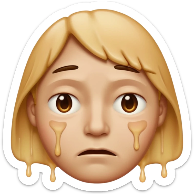 Apple-style emoji person inspired by the Apple melting face emoji (🫠), with a slightly drooping lower face due to heat, solid soft texture, annoyed and exhausted expression, raised eyebrow, unimpressed half-closed eyes, subtle sweat drops, consistent skin color, no dripping or glossy liquid effec. sticker