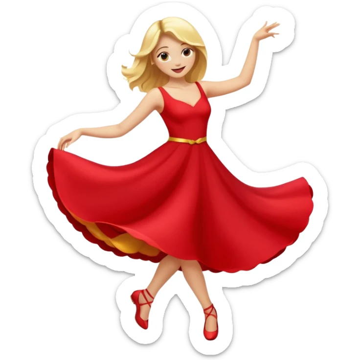 a yellow-blonde woman dancing wearing a red dress, in flat emoji / Apple style, smooth shapes, glossy highlights, bright saturated colors, simple features, minimal details, no outlines, red clothes flowing, joyful pose
 sticker
