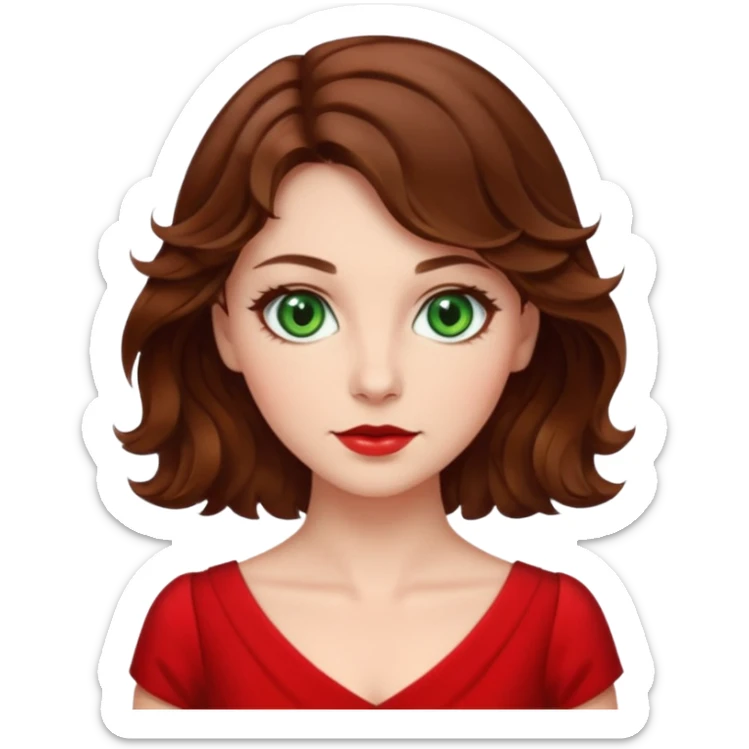 Green eyes,mi-short brown wavy hair,white skin tone,wearing red dress sticker