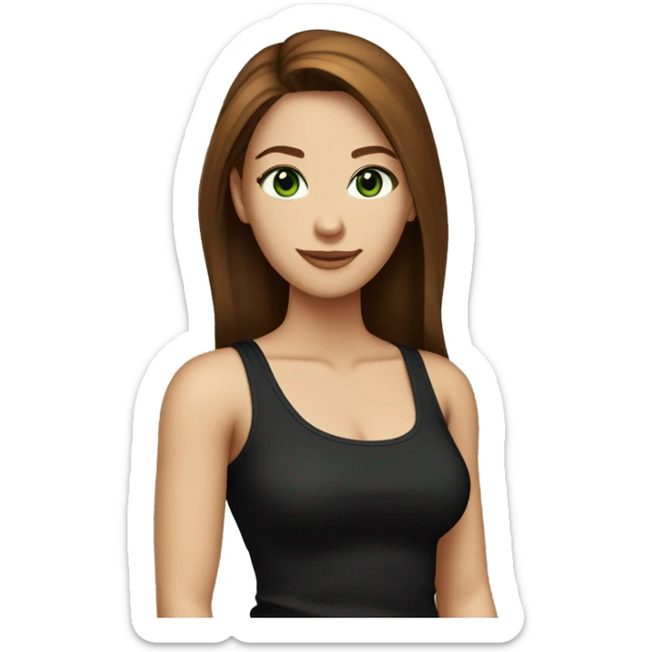 Attractive woman with butt-long chestnut-brown hair and dark green eyes wearing a black tank top sticker