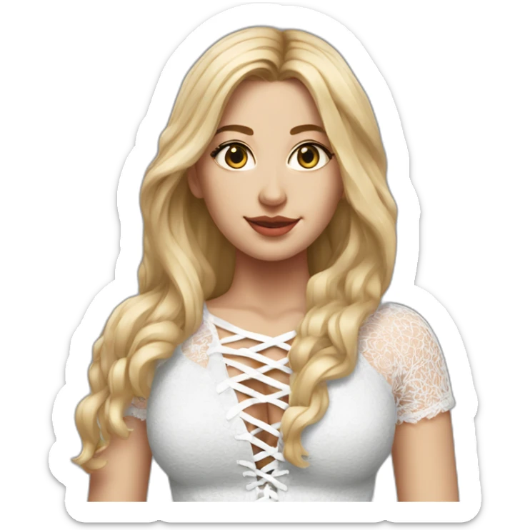 hyperrealistic caucasian female, long straight blonde hair, white lace up crop top and grey tight mini skirt sticker