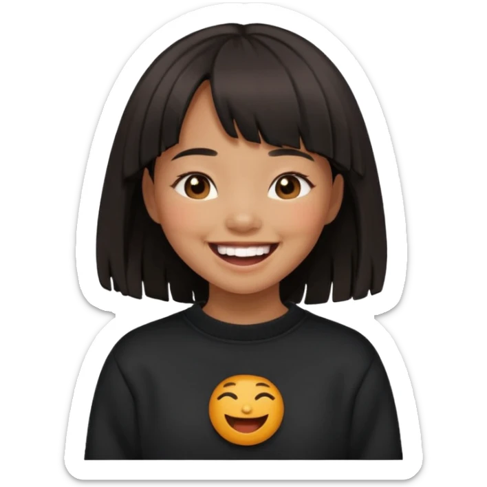 Asian girl in black fringed swearshirt, laughing sticker