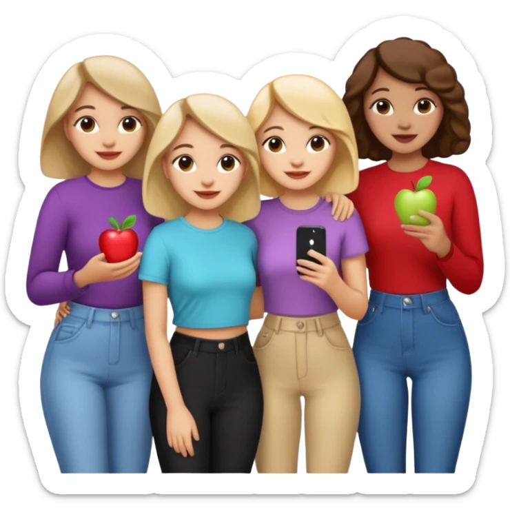 a group of girls, cheerful, trendy, Pinterest aesthetic, standing together, all look like they love Pinterest, apple emoji style sticker