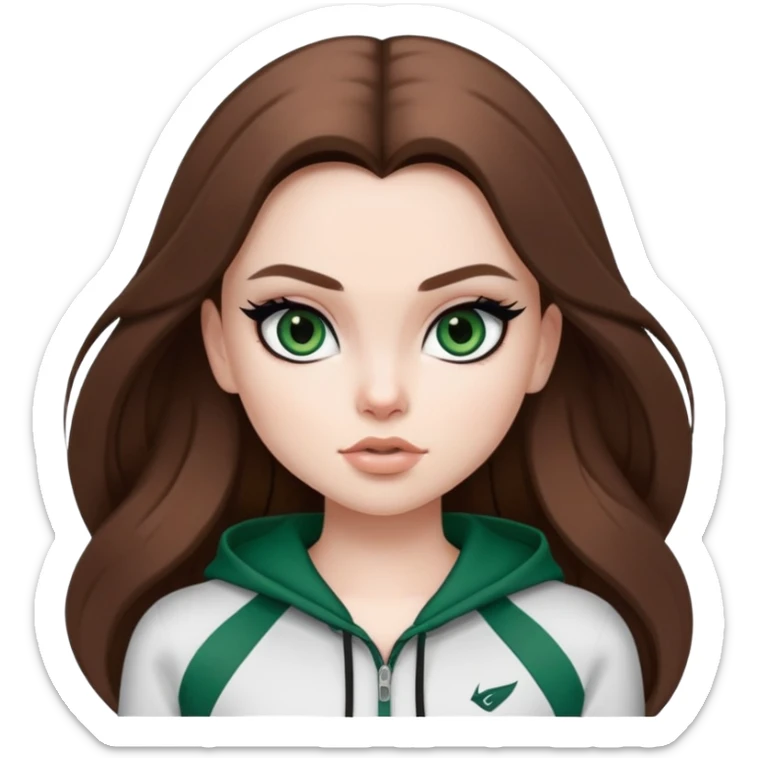 pretty bratz girl, long brown hair, dark green eyes, black eyeliner, pale skin, athletic clothes sticker