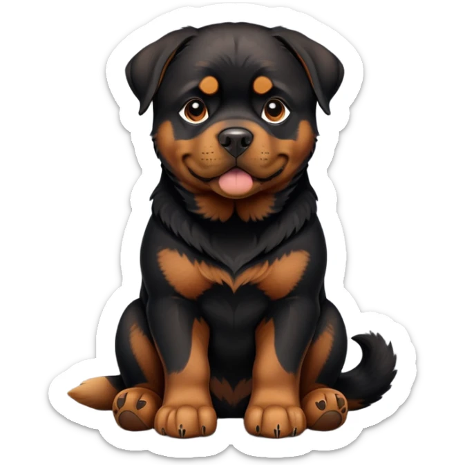 cinematic-[rottweiler]-realistic-full-body-sitting-emoji,-tail-resting-loosely-beside-its-paws,-head-tilted-dramatically, -sleek-[Black and brown]-fur,-simplified-yet-realistic-focused-features,-highly-detailed,-glowing-with-an-almost-sarcastic-glow sticker