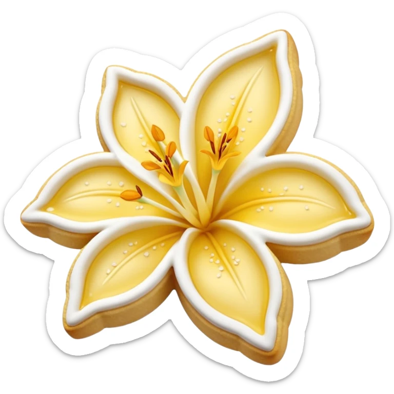 Realistic shortbread cookie in the shape of a lily flower with pastel yellow color jelly middle filling and sprinkled powder sugar on top. sticker