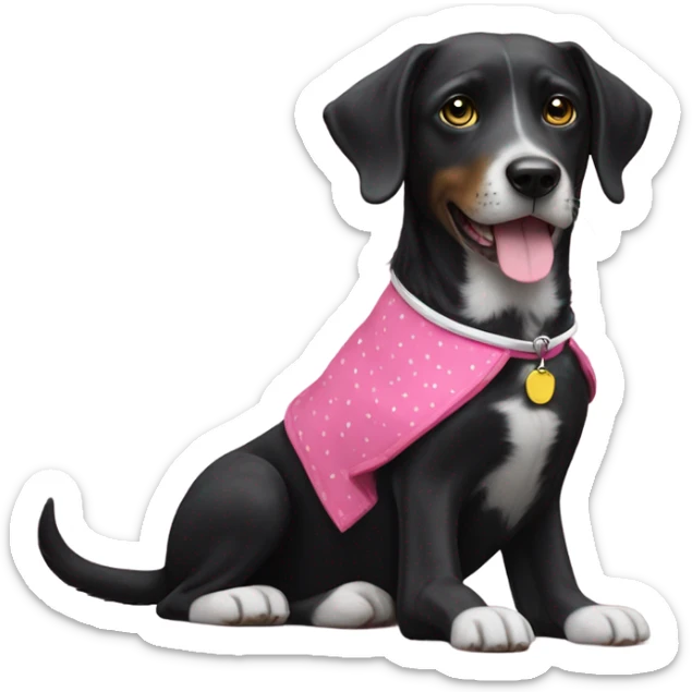 Black dog with white spotty legs and pink collar sitting next to bigger black dog with white legs and yellow collar sticker