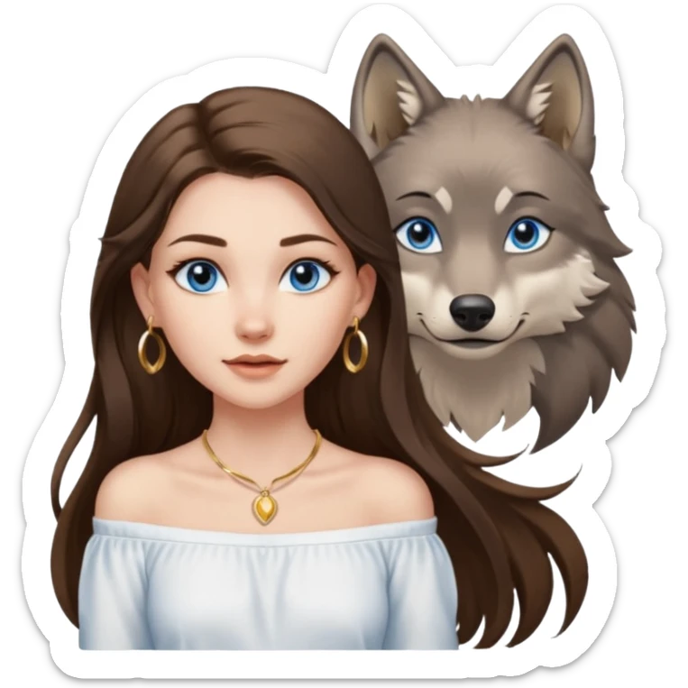 A pretty white girl with brunette hair blue eyes  thin gold hoop earrings and a matching gold necklace in a white shirt that cuts off the shoulders her hair is long and she has a wolf cut sticker