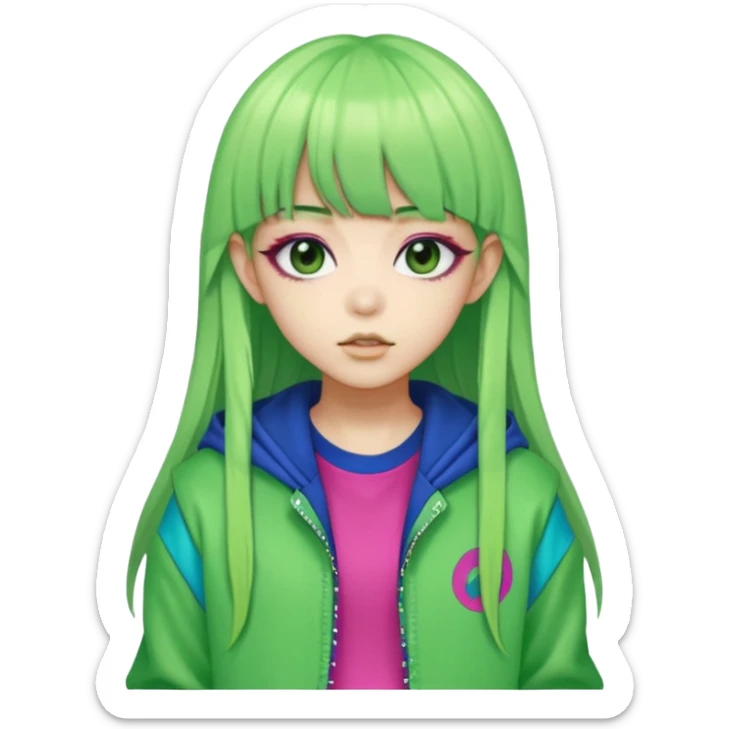 portrait-of-a-green-skin-alien-k-pop-idol,-wearing-a-stylish-streetwear-outfit-with-layered-colorful-clothing,-long-hair-with-bangs,-makeup,- sticker