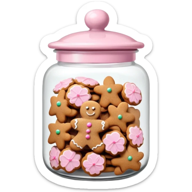 Realistic glass cookie jar with light pink lid full of gingerbread cookies isolated.  sticker