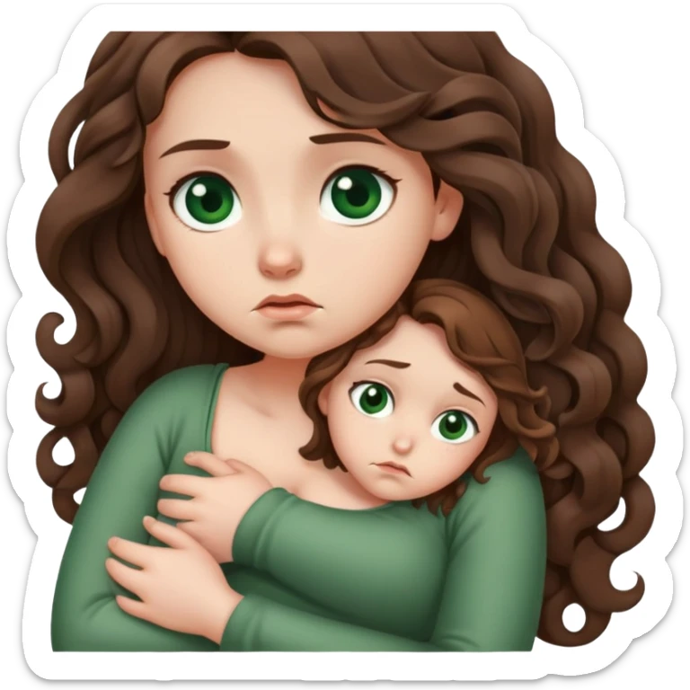 Sad Girl with curled brown long length hair and dark green eyes with belly ache sticker