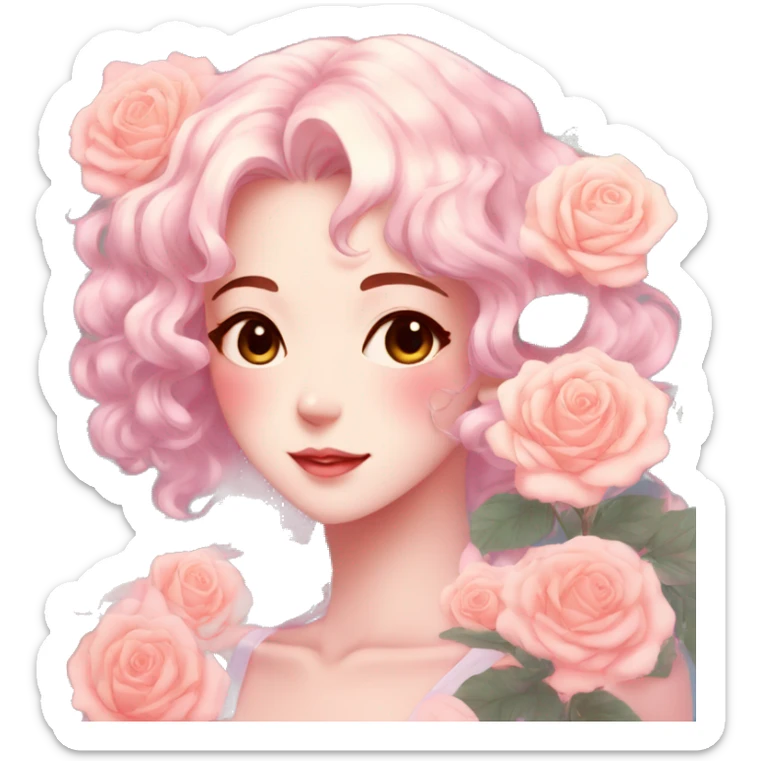 Gorgeous pastel anime style lady with blushing face and roses leaves shiny aesthetic trending style sticker