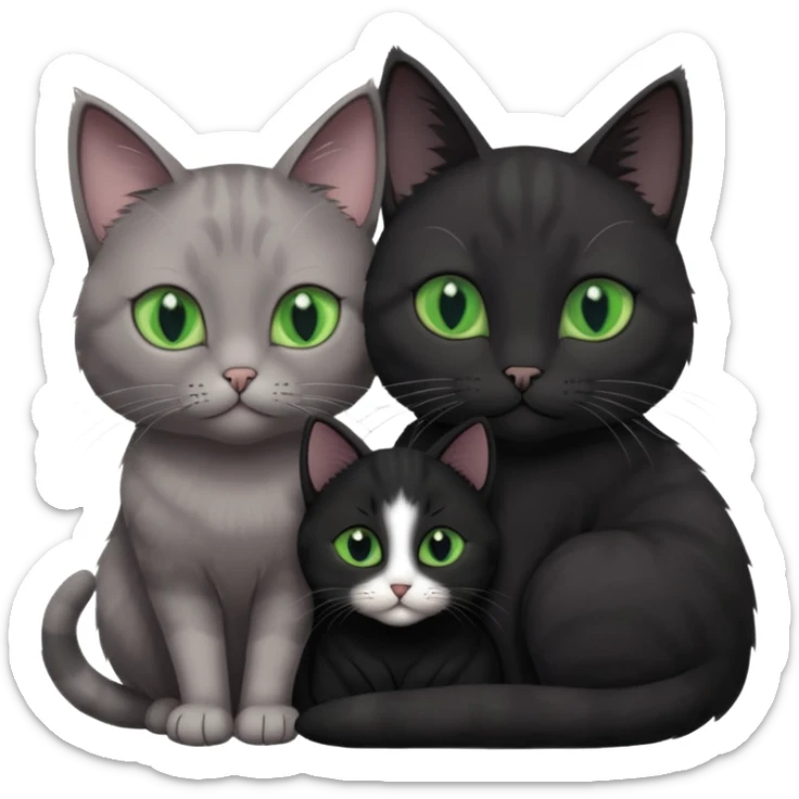 1 regal looking grey cat with pastal green eyes and 1 black with green eyes cat cuddling sticker