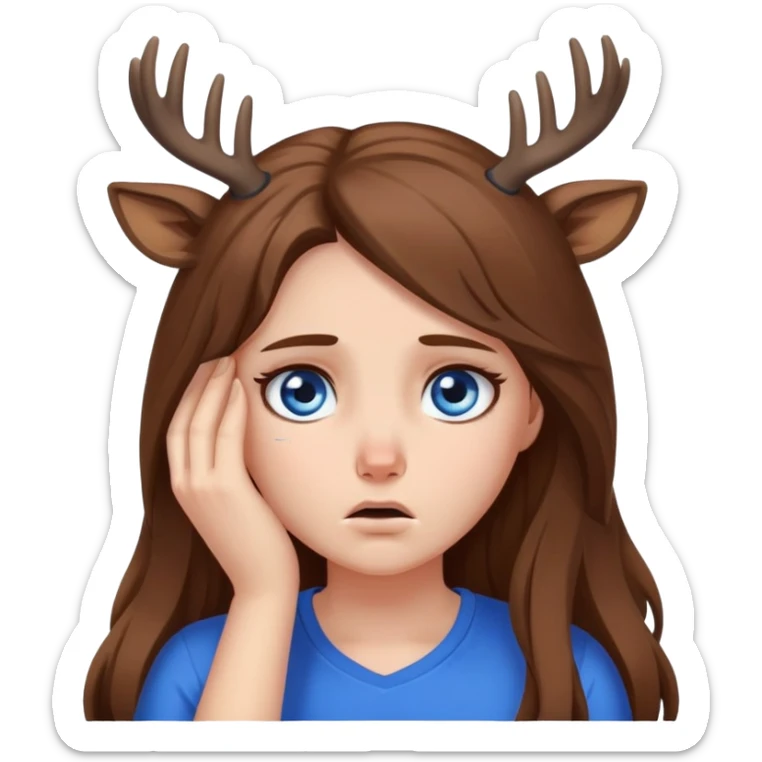 Deer girl facepalm, disappointment ,with white skin and brown long hair with blue eyes  sticker