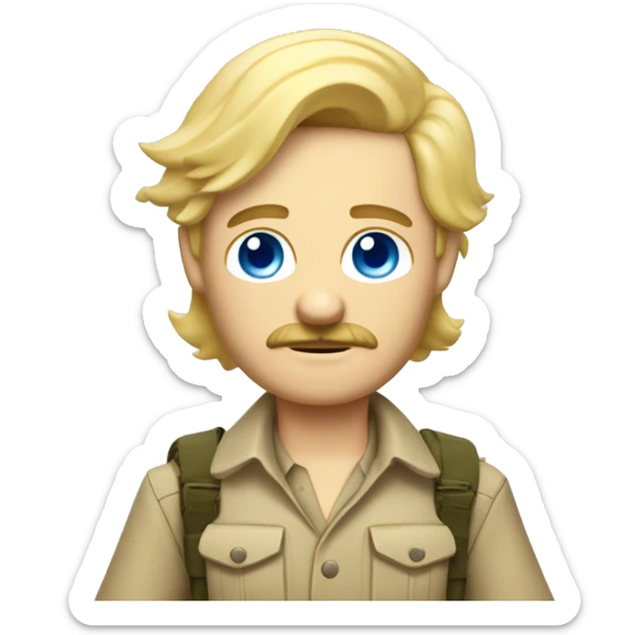 Blonde blu eyed man with mustache in safari outfit and rifle sticker