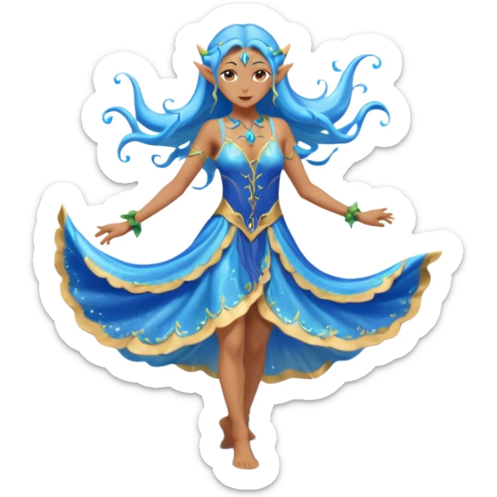 elf female dancer with water-like dress, graceful pose on wet sand, splashes, pointy ears, serene expression, centered emoji, ethereal blue colors sticker