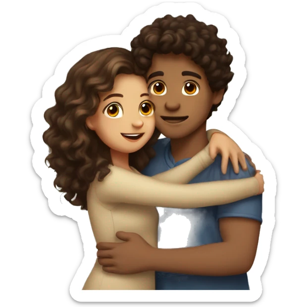 girl with dark brown wavy hair and boy with light brown curly hair kissing and hugging  sticker