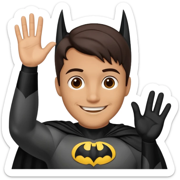 Make a man with brown eyes and dark hair in a Batman costume waving "hello" sticker