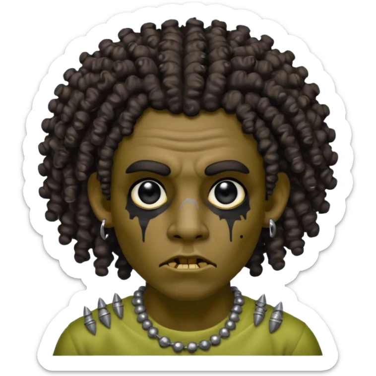 Zumbi man with curly hair, black eye, studded earrings on both ears sticker