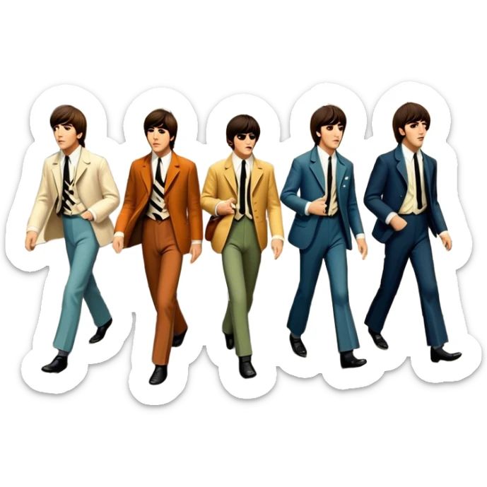 Cinematic Realistic The Beatles Abbey Road Scene Emoji, depicting the legendary band of four crossing the iconic zebra-striped street in their classic outfits, exuding effortless charisma and musical legacy. The scene is bathed in warm, nostalgic lighting with rich textures that capture the essence of 1960s rock history. sticker
