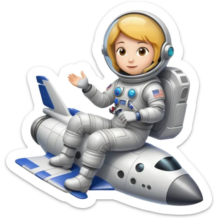 A spacesuit wearing person sitting on top outside a flying spaceship sticker
