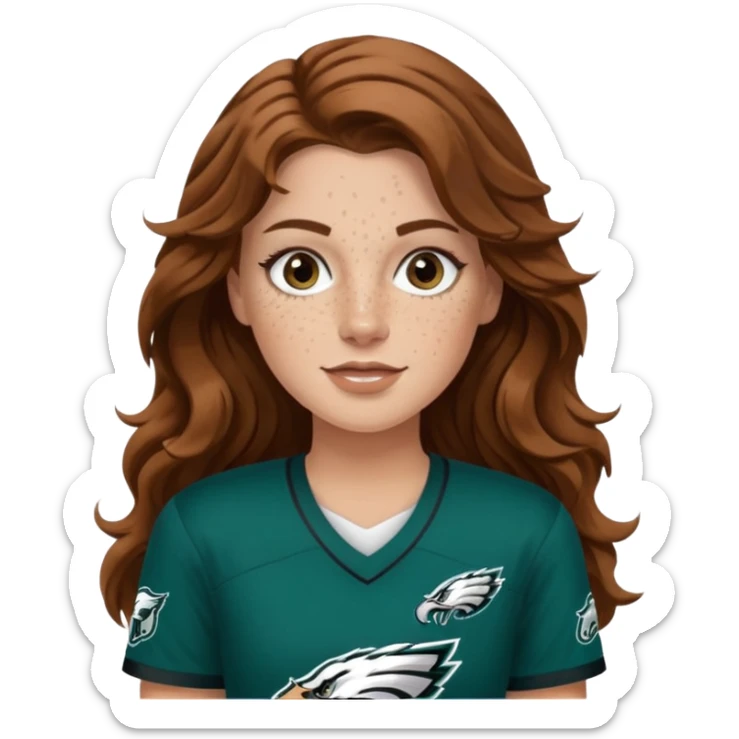 White girl with long brown wavy hair and freckles wearring a Philadelphia eagles jersey sticker