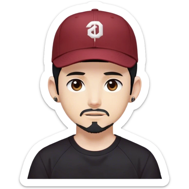 masterpiece,anime style,funny style,medium shot,twitch emote of a young adult alone with short beard without mustache,uncovered forehead,dark red baseball cap backwards,black hair backwards,shoulder length hair,black t-shirt,uncovered ears sticker