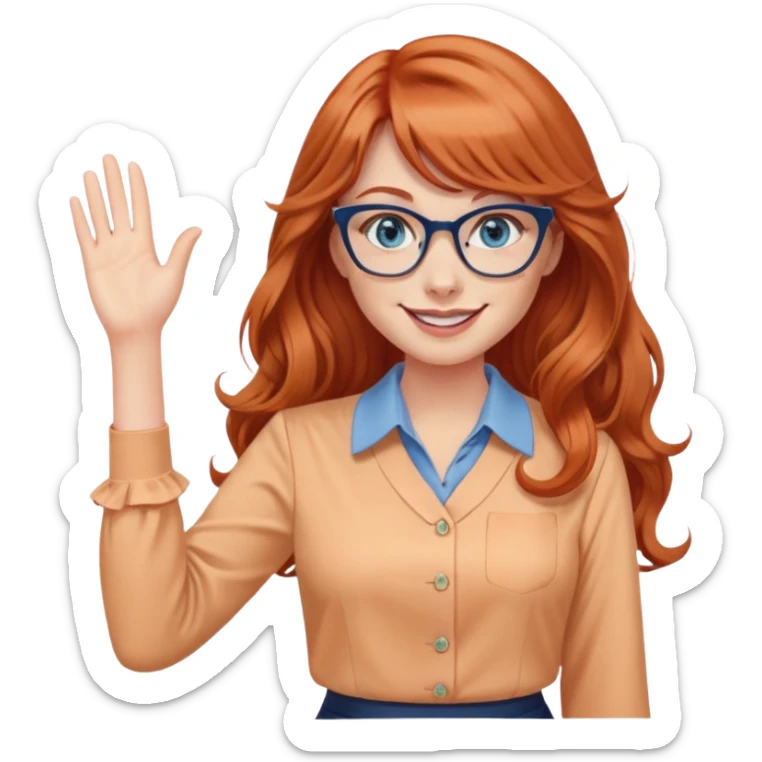 redheaded woman with very long wavy hair and bangs, blue eyes, cat-eye glasses, pencil skirt, apricot blouse, waving, smiling sticker