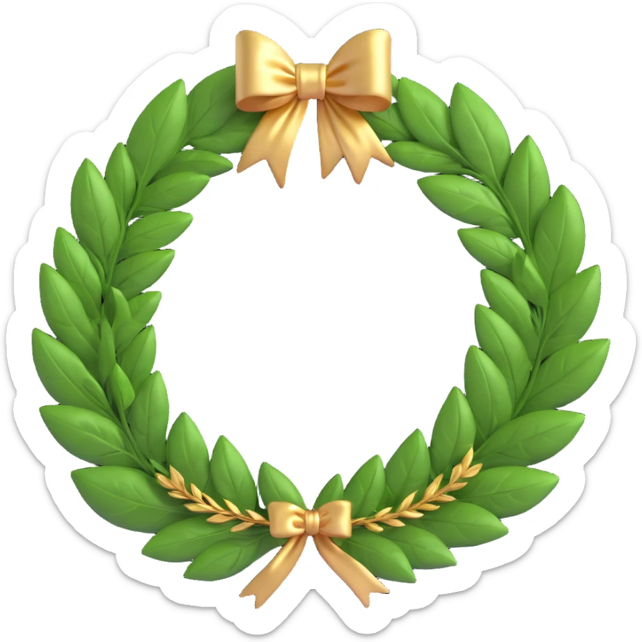 A laurel wreath made of fresh or natural-looking laurel leaves, neatly woven into a circle. The leaves are glossy, rich green, with golden veins. The wreath is adorned with a thin golden ribbon tied in a bow at the back. sticker
