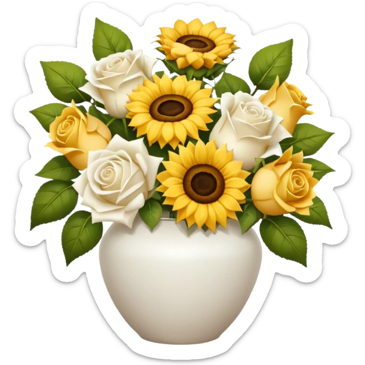 Bouquet with yellow roses sunflowers and white roses in a white vase and a white bow sticker